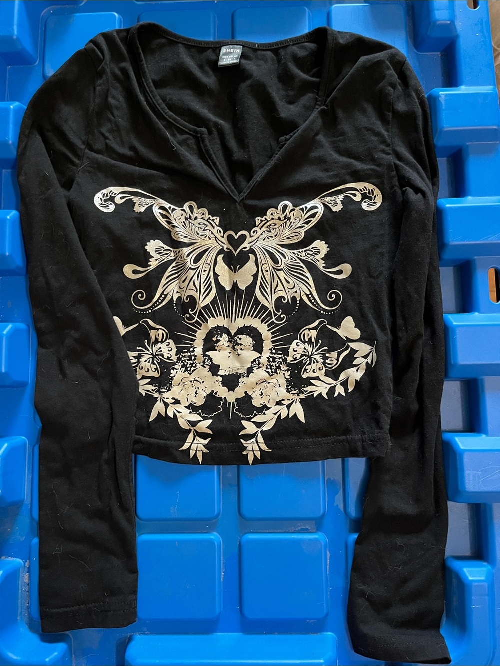 SHEIN Black Long-Sleeve V-Neck Top with Cream Floral Butterfly Print